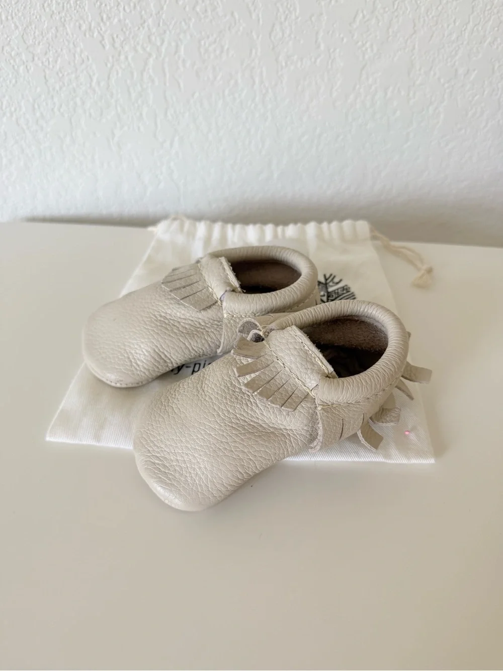 Freshly Picked Neutral Leather Fringe Baby Moccasins with Bag